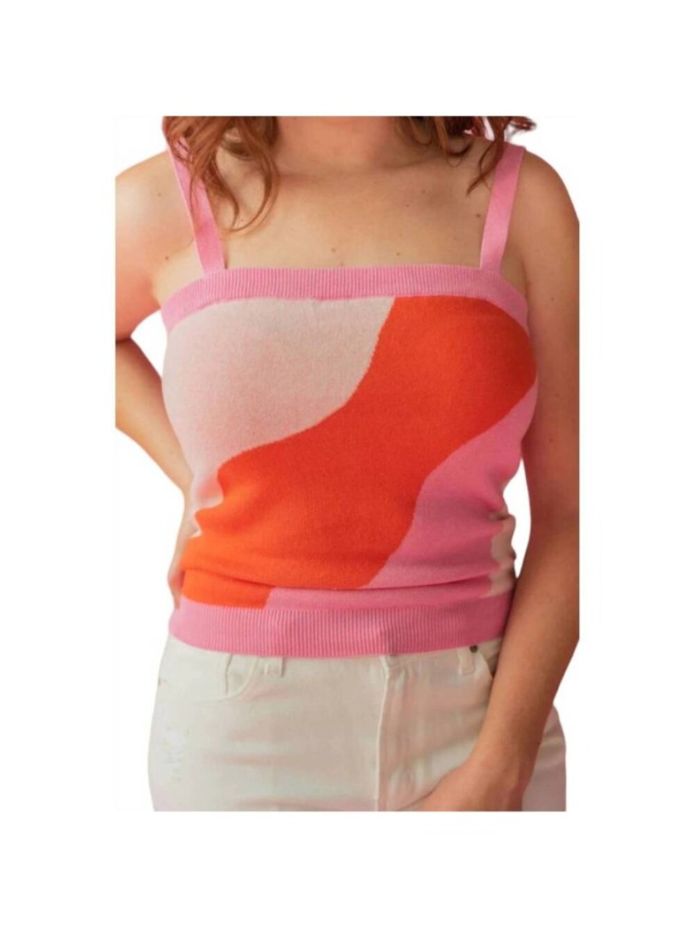 FRNCH Paris Tory Knit Tank Top Rose Pink & Orange Abstract Design Cotton Womens